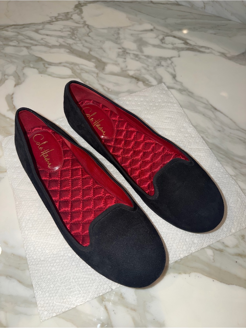 Cole Haan Black Suede Ballet Flats with Red Quilted Insole